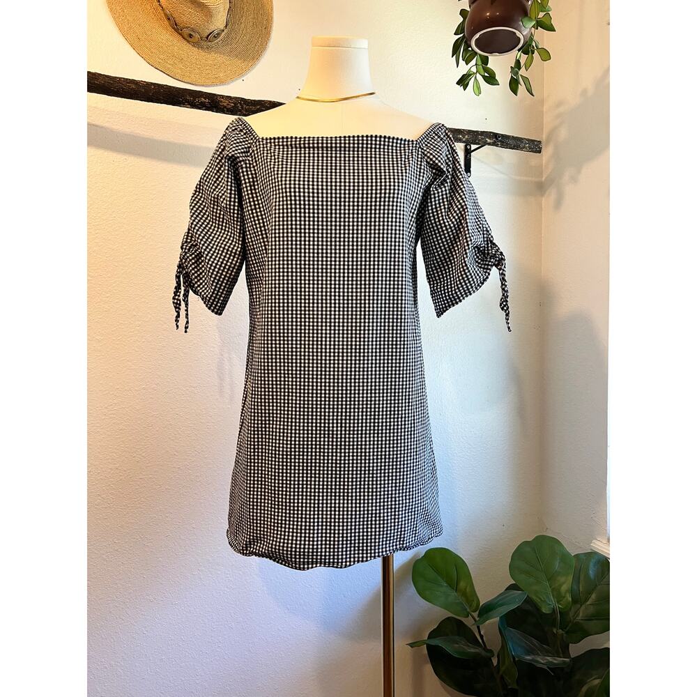 USA Made Vintage Black White Gingham Puffed Shoulder Sleeve Mini Dress Size XS